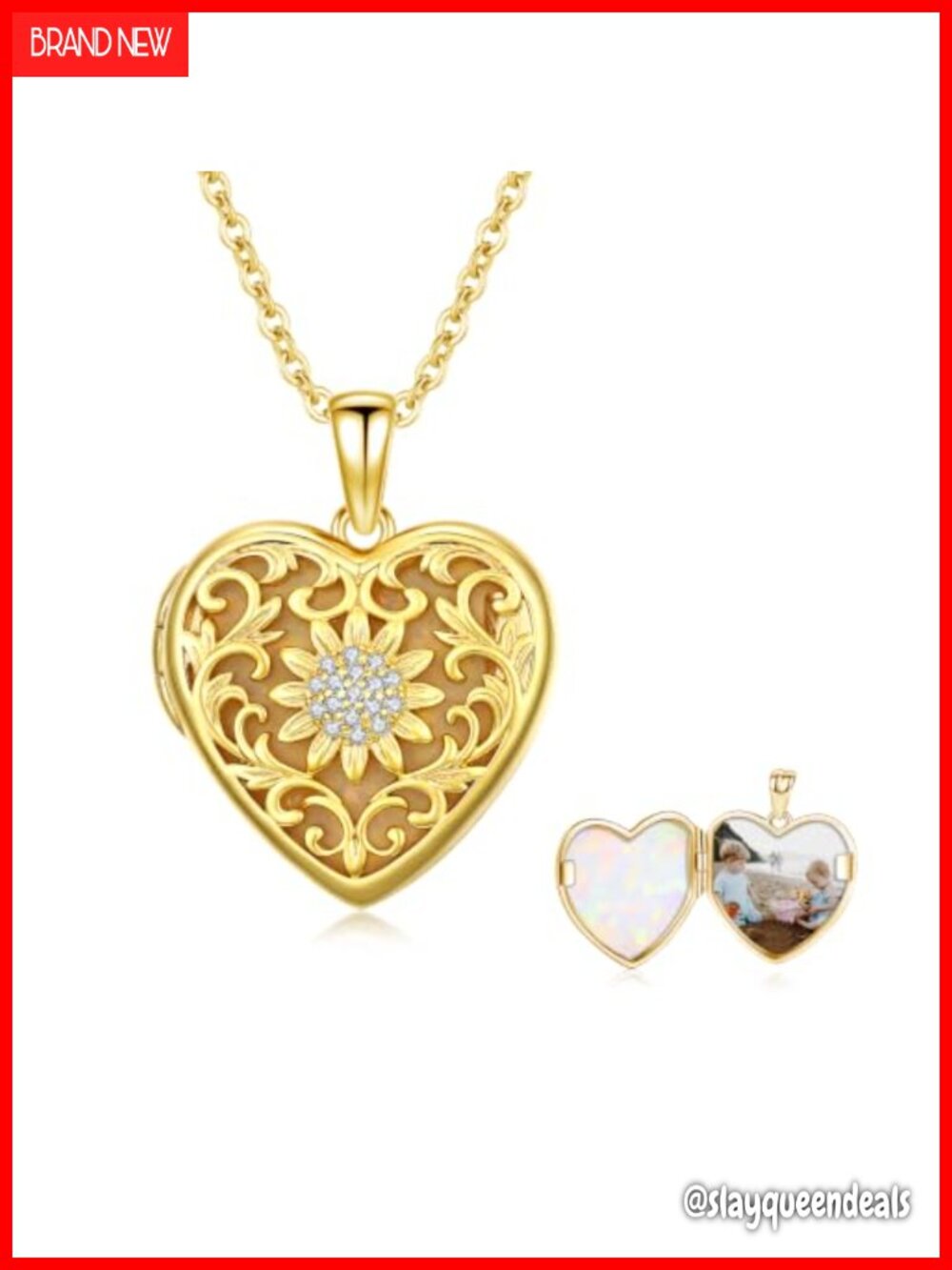 Sunflower Photo Locket Necklace Yellow Gold Opal CZ Keepsake Pendant Women